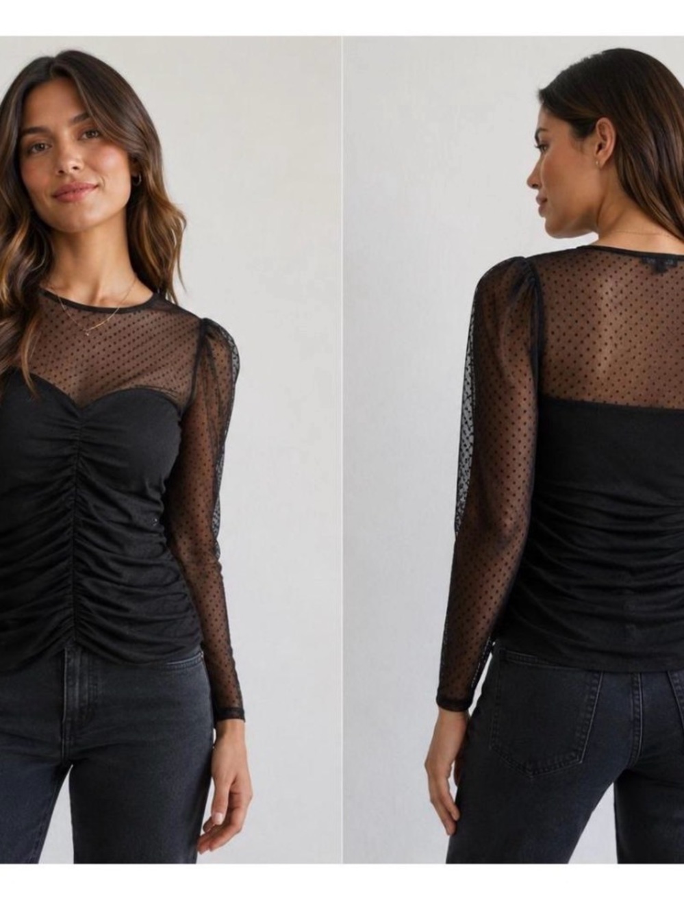 Express sheer Black Ruched Long-Sleeve Top blouse